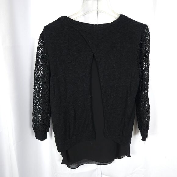 Lucky Brand Womens Large Black 3/4 Lace Sleeve Crew Neck Linen Blend Sweater - Picture 3 of 9